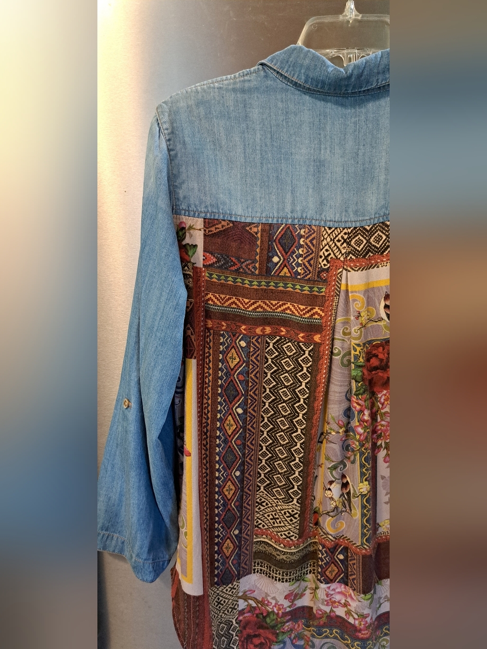 Gorgeous John Mark Multi Fabric Top Blouse Boho Birds Aztec Roll Tab LRG - Picture 8 of 12